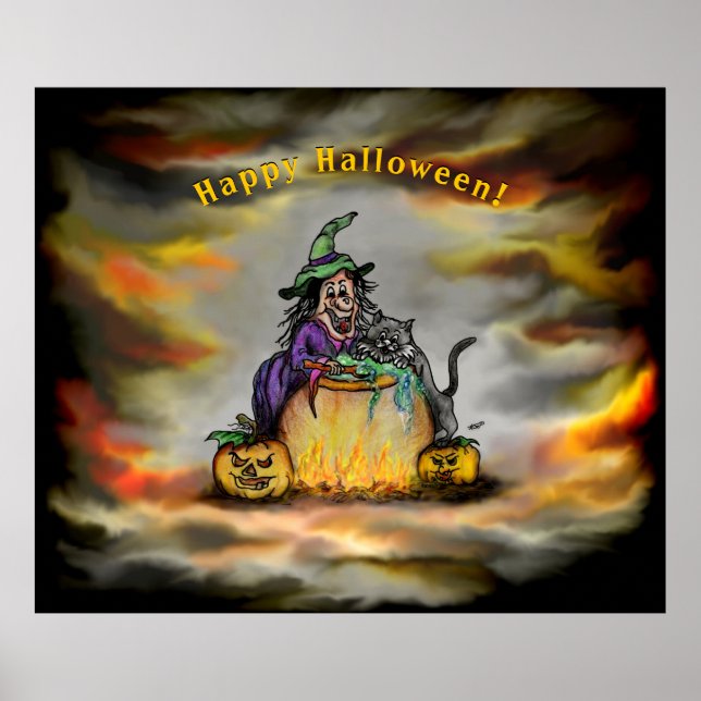 Witch and black Cat, Happy Halloween! Poster (Front)