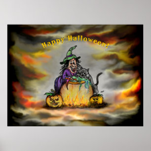 Witch and black Cat, Happy Halloween! Poster