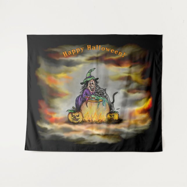 Witch and black Cat, Happy Halloween! Tapestry (Front (Horizontal))