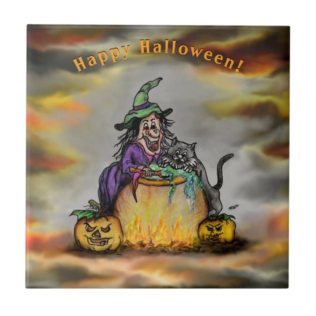 Witch and black Cat, Happy Halloween! Tile (Front)