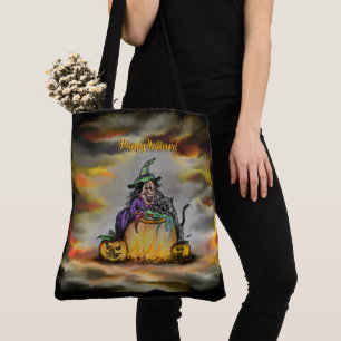 Witch and black Cat, Happy Halloween! Tote Bag