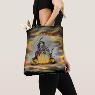 Witch and black Cat, Happy Halloween! Tote Bag