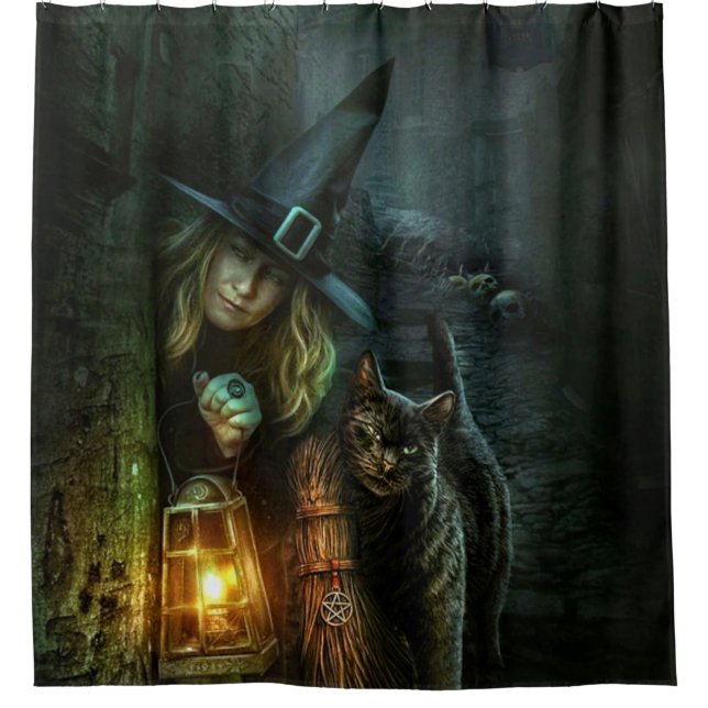 Witch And Black Cat On The Hunt Shower Curtain (Front)