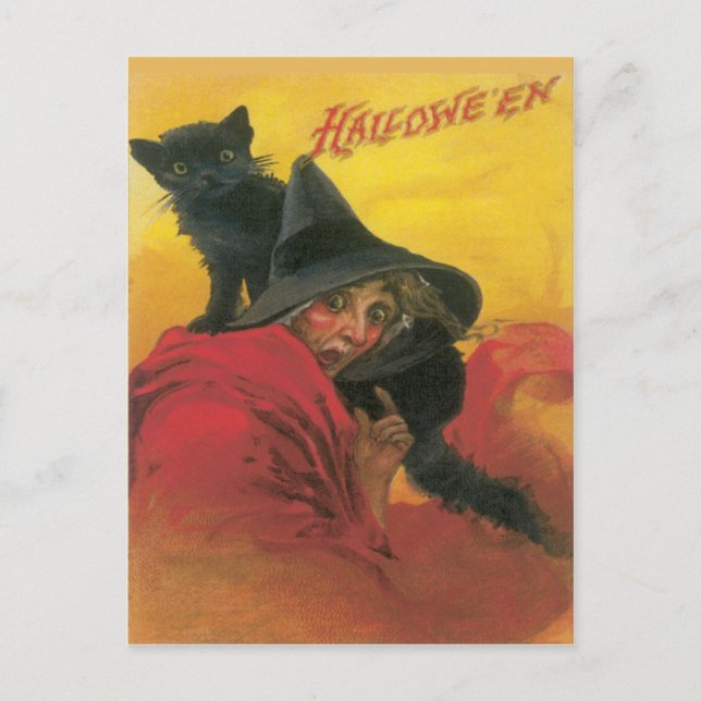 Witch And Black Cat Vintage Postcard (Front)