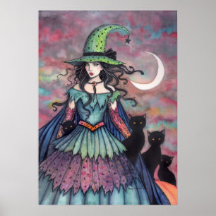 Witch and Black Cats Halloween Art Poster
