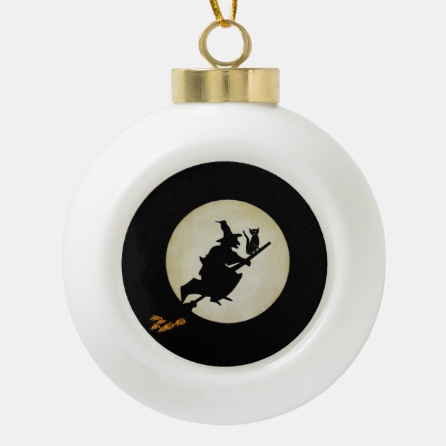Witch and Cat Ceramic Ball Christmas Ornament (Front)