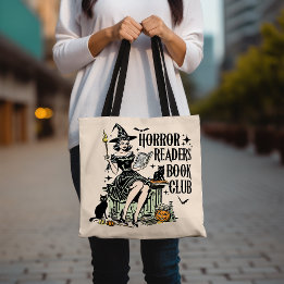 Witch and Cat Design Halloween Spooky Book Lover Tote Bag