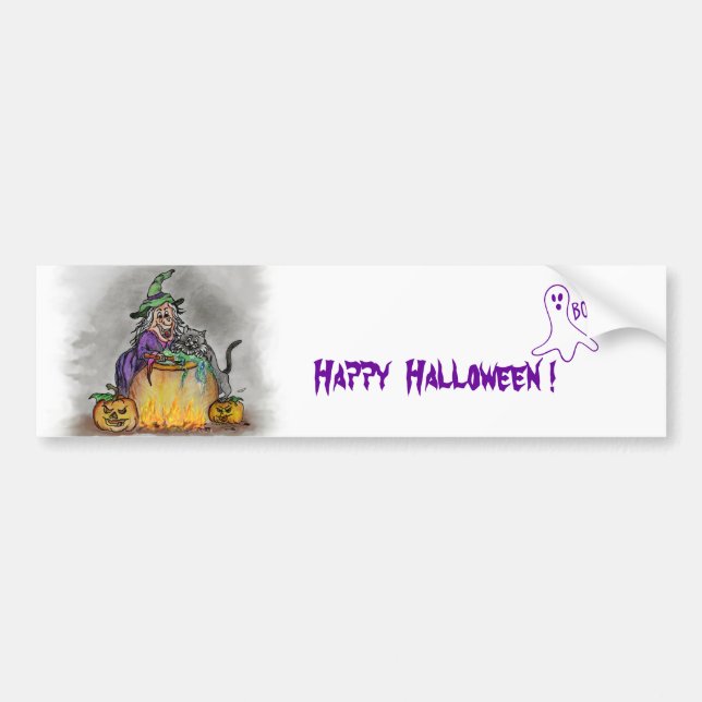 Witch and cat, Happy Halloween! Bumper Sticker (Front)