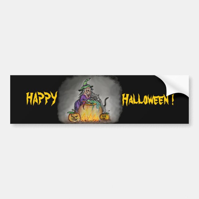 Witch and cat, Happy Halloween! Bumper Sticker (Front)
