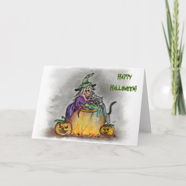Witch and cat, Happy Halloween! Card (Front)