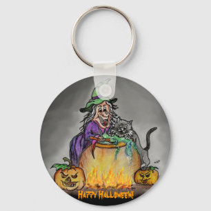 Witch and cat, Happy Halloween! Key Ring