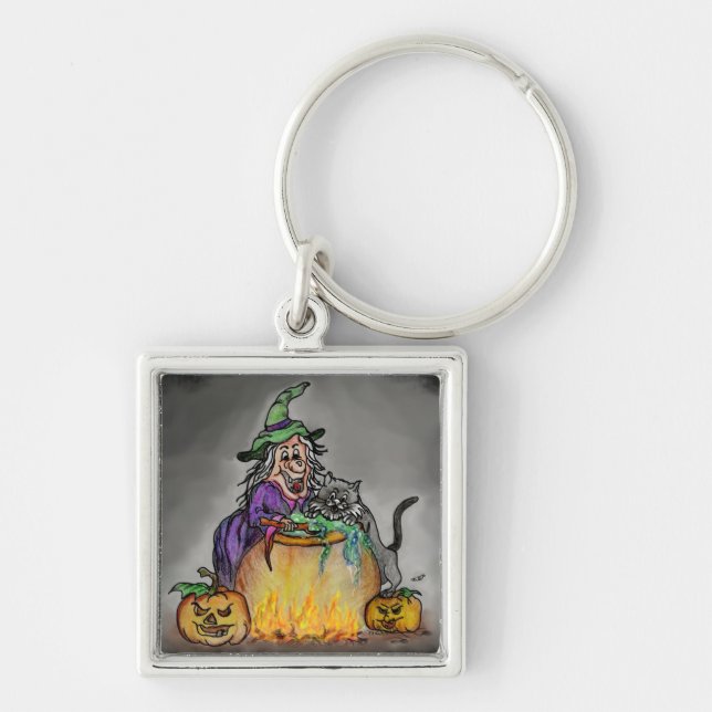 Witch and cat, Happy Halloween! Key Ring (Front)