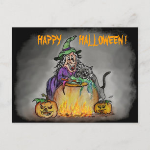 Witch and cat, Happy Halloween! Postcard