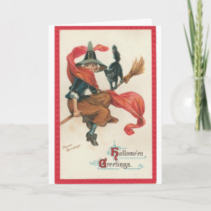 Witch and Cat on Broomstick Card