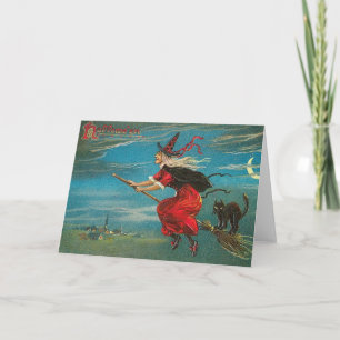 Witch and Cat on Broomstick Card