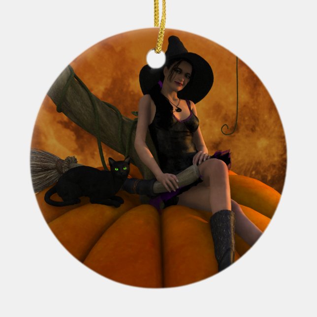 Witch and Cat on Giant Pumpkin  Ceramic Tree Decoration (Front)