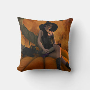Witch and Cat on Giant Pumpkin  Cushion