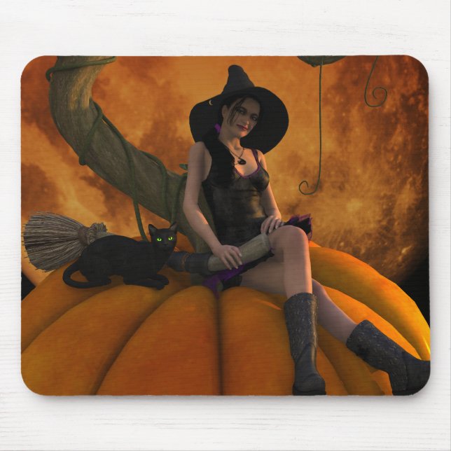 Witch and Cat on Giant Pumpkin  Mouse Mat (Front)
