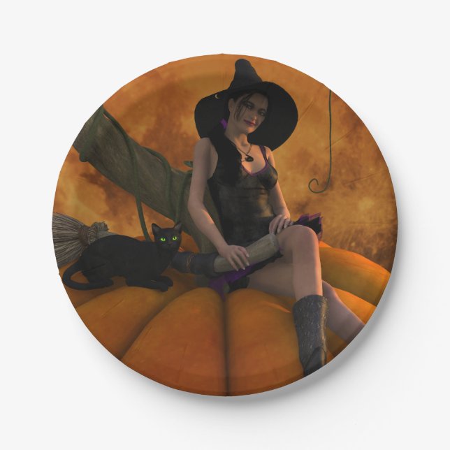 Witch and Cat on Giant Pumpkin  Paper Plate (Front)