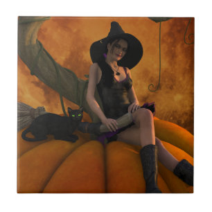 Witch and Cat on Giant Pumpkin Tile