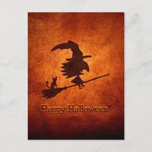 Witch and Cat Silhouette Flying on Broomstick Postcard