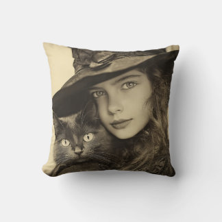 Witch and Cat Vintage Wiccan Throw Pillow