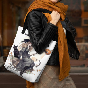 Witch and Cat with Harvest Moon and Ravens Tote Bag