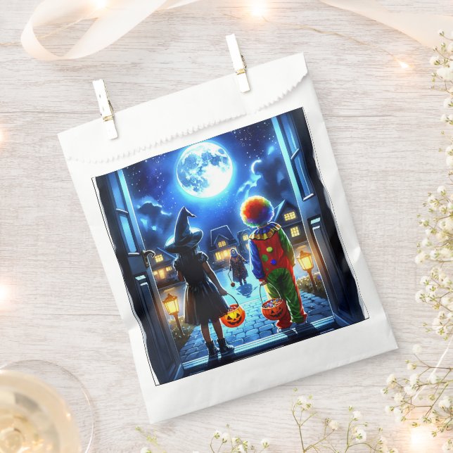 Witch and Clown looking at a Monster Halloween Favour Bags (Clipped)