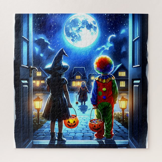 Witch and Clown looking at a Monster Halloween Jigsaw Puzzle (Vertical)