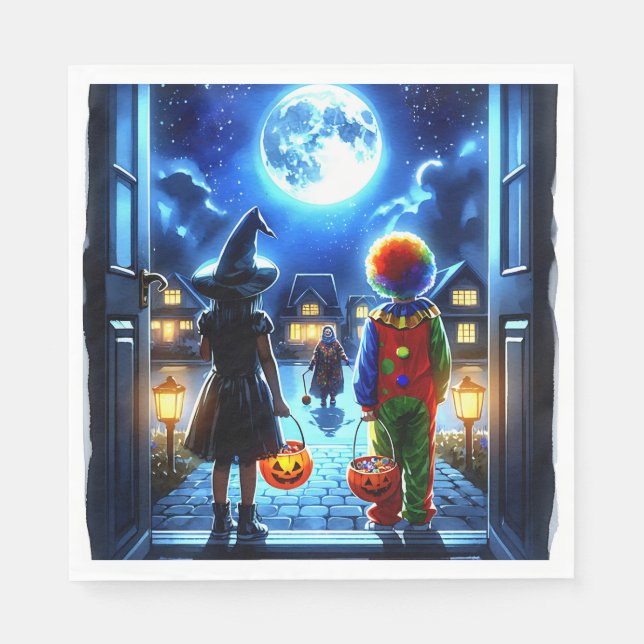 Witch and Clown looking at a Monster Halloween Napkin (Front)