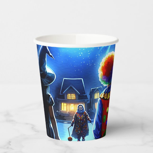 Witch and Clown looking at a Monster Halloween Paper Cups (Left)