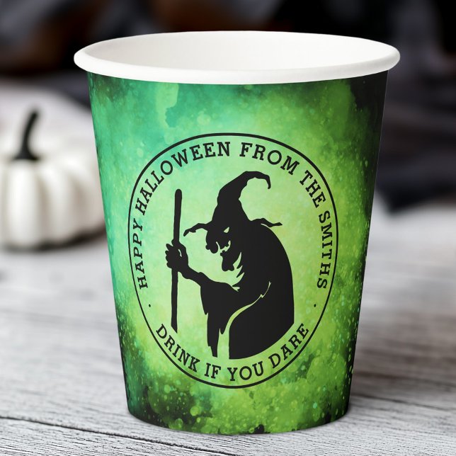 Witch and custom text green black Halloween Paper Cups (Witch and custom text green black Halloween Paper Cups)