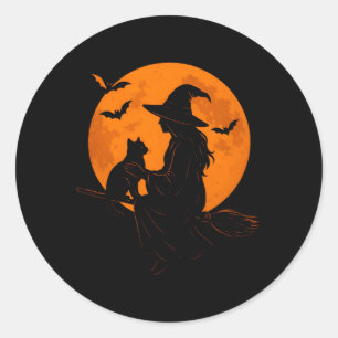 Witch And Cute Cat Black Kitten For Halloween Classic Round Sticker