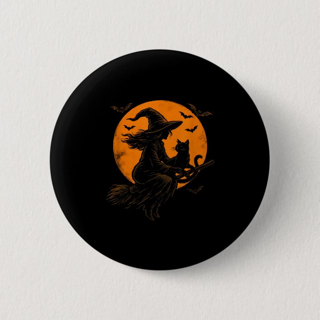Witch And Cute Cat Black Kitten For Halloween Cost 6 Cm Round Badge (Front)