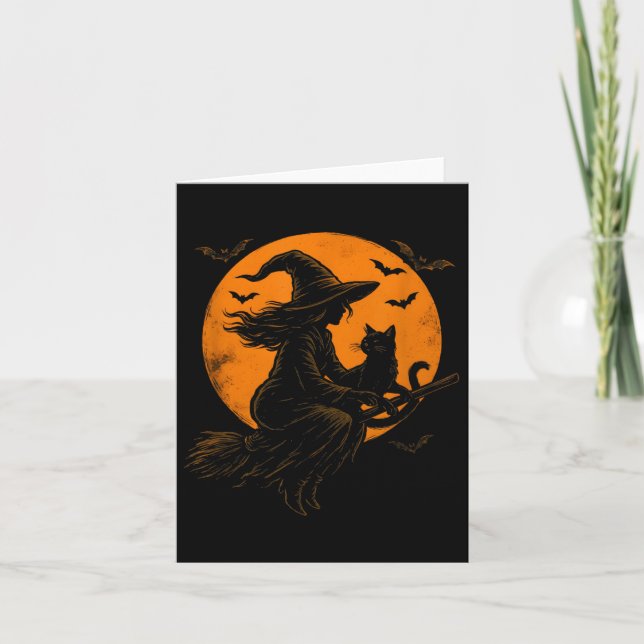 Witch And Cute Cat Black Kitten For Halloween Cost Card (Front)