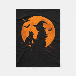 Witch And Cute Cat Black Kitten For Halloween Fleece Blanket