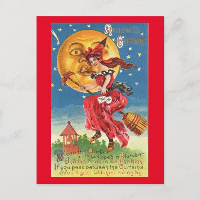 Witch and Her Broomstick Halloween Vintage Postcard (Front)