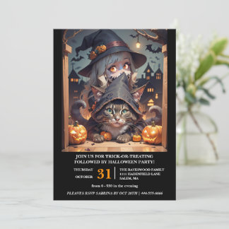 Witch and Her Cat Halloween Party Invitation
