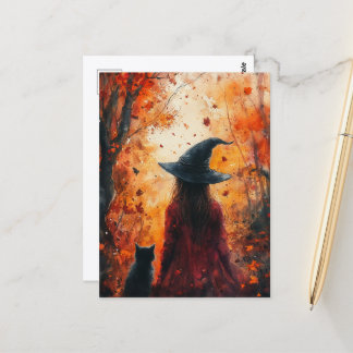 Witch and Her Cat in Autumn Forest Postcard