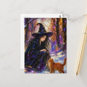 Witch and Her Ginger Kitty in the Winter Woods Postcard