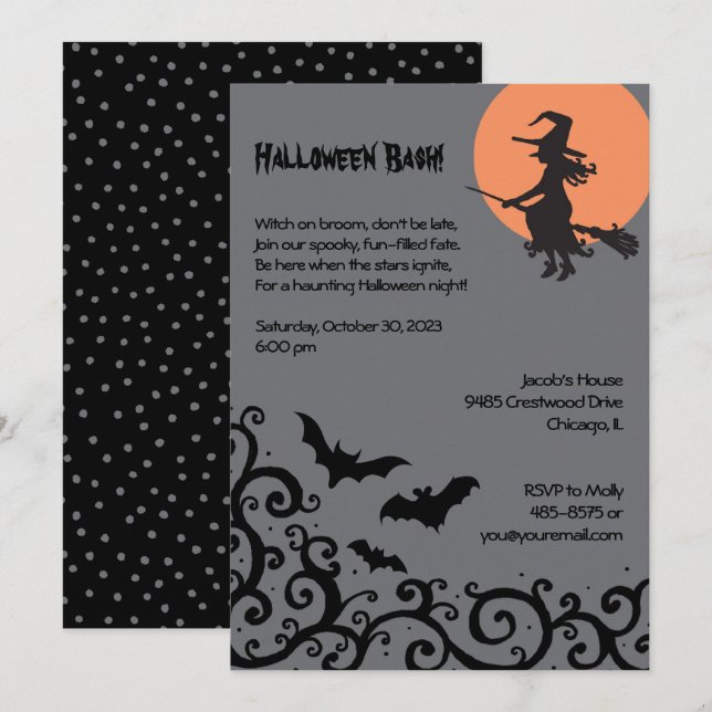 Witch and Moon Halloween Adult Costume Party Bats  Invitation (Front/Back)