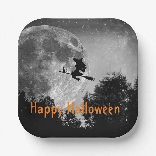Witch and Moon Halloween Customisable  Paper Plate (Front)