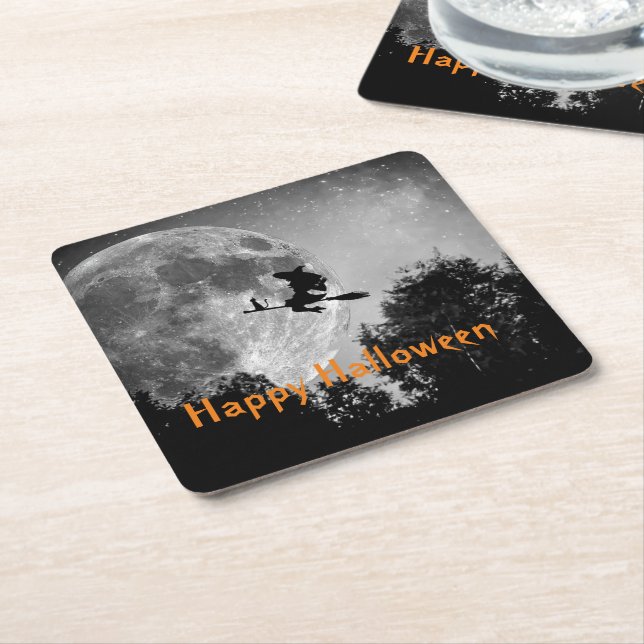 Witch and Moon Halloween Customisable  Square Paper Coaster (Angled)