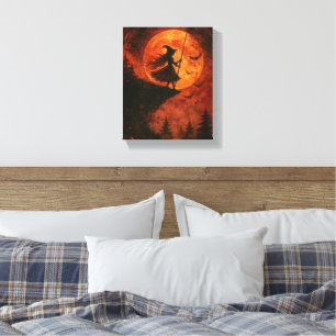 Witch and Moonlight Cliff   Spooky Halloween Canvas Print