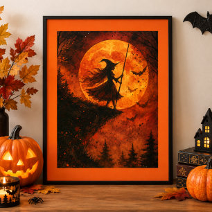 Witch and Moonlight Cliff Spooky Halloween Poster