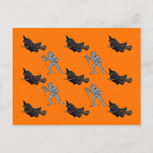 Witch and Mummy Pattern Halloween Postcard