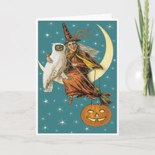 Witch And Owl On The Moon Vintage Card