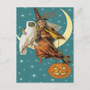 Witch And Owl On The Moon Vintage Postcard