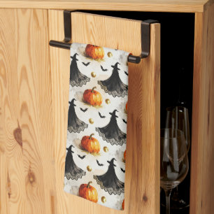 Witch and Pumpkins Halloween Tea Towel