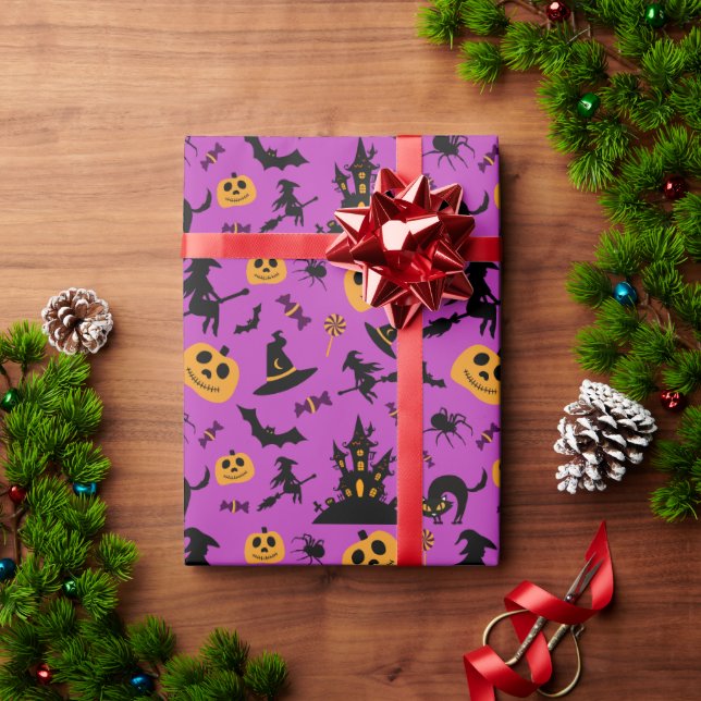 Witch and Pumpkins Pattern Purple Halloween Wrapping Paper (Holiday Gift)